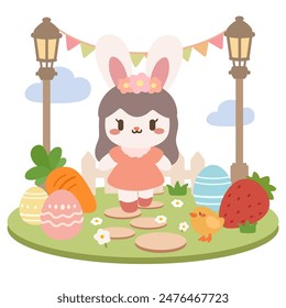 Adorable Easter Bunny with Eggs and Carrot. Cute Spring Illustration.Kawaii Bunny Celebrating Easter.Bunny with Easter Eggs and Chick.