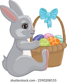 Adorable Easter bunny holding a basket full of colorful decorated eggs with a blue ribbon vector illustration. The cute rabbit design for holiday greeting cards, kids' illustrations