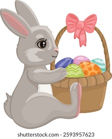 Adorable Easter bunny holding a basket full of colorful decorated eggs with a pink ribbon vector illustration. The cute rabbit design for holiday greeting cards, kids' illustrations