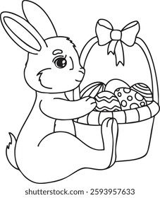 Adorable Easter bunny holding a basket full of decorated eggs with a ribbon outline vector illustration. The cute rabbit design for holiday greeting cards, kids' illustrations, coloring page