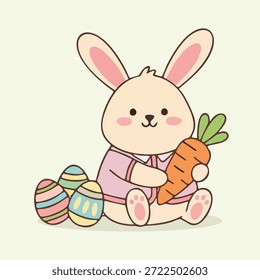 Bezaubernder Osterhase, der eine Karotte hält, umgeben von bunt dekorierten Eiern