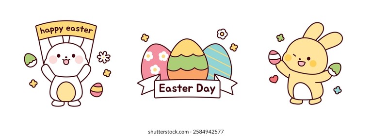 Adorable Easter bunny holding decorated eggs with a happy expression. Cute hand-drawn vector illustration in pastel colors, perfect for greeting cards, stickers, and holiday decorations.