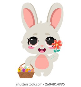 Adorable Easter bunny holding a flower and a basket full of colorful eggs, spreading happiness and spring vibes. Perfect for greeting cards, festive decorations, kids’ projects, and holiday themes