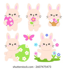 Adorable Easter Bunny Holding Painted Eggs and Flowers in a Spring Garden Vector Illustration