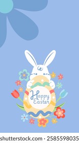 Adorable easter bunny hugging a decorated easter egg surrounded by colorful flowers on a light blue background with happy easter message