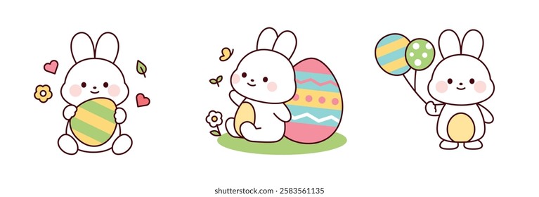 Adorable Easter bunny illustration featuring a rabbit with decorated eggs, a grassy field, and egg-shaped balloons. Soft pastel tones and a minimal flat design style. 