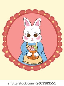 Adorable Easter Bunny in Pink Circle Frame - Cute Blue Outfit Rabbit with Festive Egg Theme