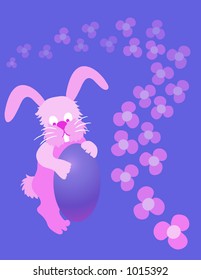 A adorable Easter bunny and purple Easter egg with pink flowers in the background.
