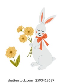 Adorable Easter bunny with a red bow holding a bouquet of yellow flowers in a cute and minimalistic illustration style