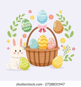 Adorable conejito de Pascua sentado junto a una cesta de mimbre llena de coloridos huevos estampados, rodeado de hojas verdes, Pequeñas flores, y un gran arco. Alegre diseño de vacaciones de primavera perfecto para tarjetas
