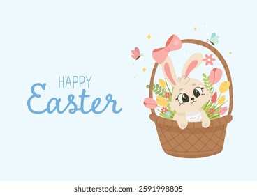 An adorable Easter bunny sitting in a woven basket filled with spring flowers. Perfect for greeting cards, holiday designs, and decorations.