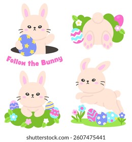 Adorable Easter Bunny in Spring Garden with Painted Eggs and Flowers Vector Illustration