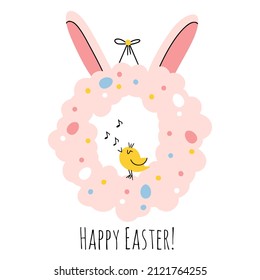 Adorable easter bunny wreath decorated with eggs and little singing chicken inside it. Good for greeting cards, banners, invitations, flyers.