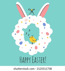 Adorable easter bunny wreath decorated with eggs and little singing chicken inside it. Good for greeting cards, banners, invitations, flyers.