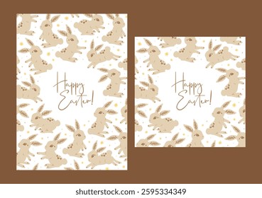 Adorable Easter card design with various cute brown bunny poses in simple art illustration drawing style portrait square format for print invitation poster flyer greetings decoration label tag etc