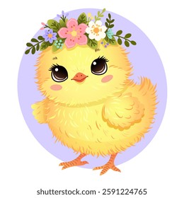 Adorable Easter chick vector illustration with floral wreath, big sparkling eyes and fluffy feathers