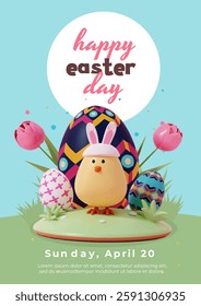 An adorable Easter chicken with beautifully decorated eggs in a bright spring setting, perfect for holiday themes.