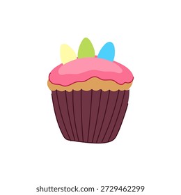Adorable easter cupcake topped with pastel egg decorations and pink frosting, perfect for spring celebrations, holiday dessert menus, family parties, and festive baking displays