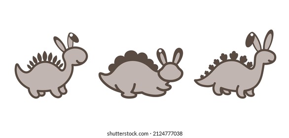 Adorable Easter dino basket name tags. Laser wood cutting template. Layered paper decoration. Print, cut out, glue. Egg hunt for children template layout. Vector stock illustration.