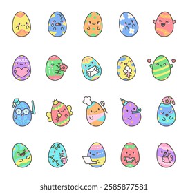 Adorable easter egg holiday set with cute kawaii cartoon characters for celebration and decoration including emotions, food, drinks, gifts, magic, learning, sleeping, and laughing