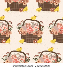 adorable easter eggs in basket with chicken seamless pattern hand drawn vector illustration for decoration invitation greeting birthday party celebration wedding card poster banner textiles wallpaper 