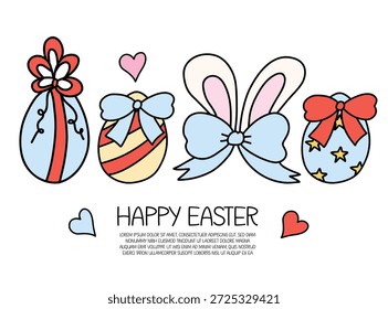 Bezaubernde Ostereier mit blauen Ribbons und Hasenohren, Pastellfrühlings-Urlaubsvektor, handgezeichnete Kawaii-Osterdekoration