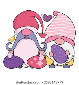Adorable Easter Gnome Illustration with Two Charming Gnomes Holding Decorated Eggs