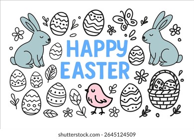 Adorável ilustração de Páscoa com coelhinhos pastel, ovos decorados desenhados à mão, flores, folhas, uma garota rosa e uma cesta festiva. Perfeito para saudações sazonais, páginas de coloração das crianças