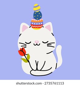 Adorável Gatinho de Páscoa segurando a flor com ovos decorados