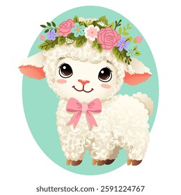 Adorable Easter lamb vector illustration with a floral wreath, pink bow, and big sparkling eyes