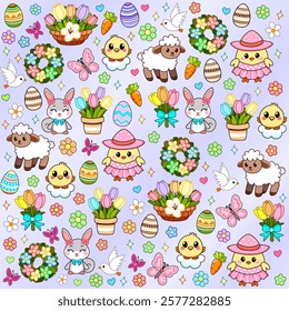 Adorable Easter pattern featuring lambs, bunnies, chickens, flower baskets and lots of Easter eggs