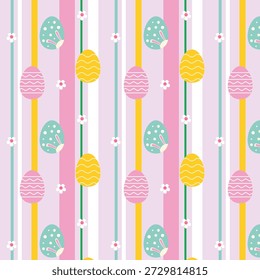 Adorable easter seamless pattern with colorful eggs, stripes, bunny and flowers.Vector graphic illustration background.