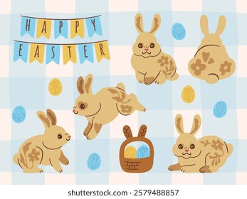 Adorable Easter themed pack featuring playful brown bunnies, decorated eggs, and festive banners in blue and yellow pastel tones. For seasonal projects.