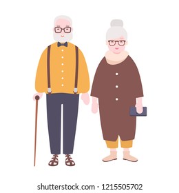 Adorable elderly married couple. Old man and woman dressed in elegant clothing standing together. Funny cartoon characters isolated on white background. Colorfun vector illustration in flat style.