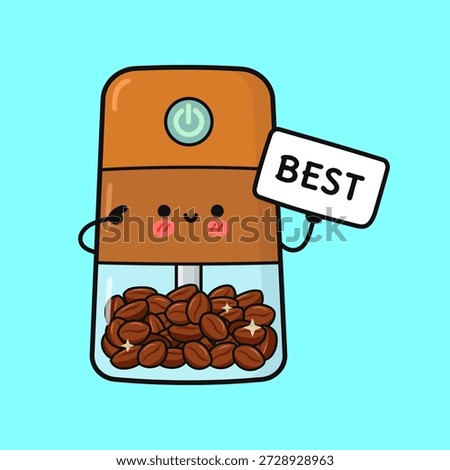 Adorable electric coffee grinder character holding a sign reading BEST, showing coffee beans inside its container, representing quality, excellence, and the best choice for fresh coffee