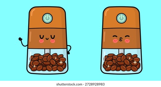 Bezaubernde elektrische Kaffeemühle mit lächelnden und küssenden Gesichtern gefüllt mit gerösteten Bohnen, Kawaii Küchengeräte, die Wärme, Zuneigung und spielerischen Kaffeekultur Charme zu vermitteln