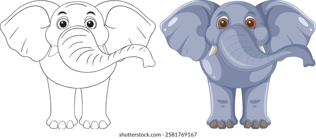 Adorable elephant in color and outline versions