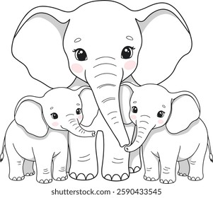 Adorable Elephant Family Illustration - Cute Baby Elephants with Mother - Hand-Drawn Animal Art