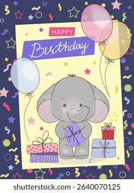Adorable elephant holding birthday gifts surrounded by colorful balloons and confetti. Perfect vector illustration for children s birthday greeting cards and party invitations.