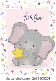 Adorable elephant holding a yellow star against a colorful confetti background. Vector illustration perfect for children s gifts or nursery decorations with cute and cheerful elements.