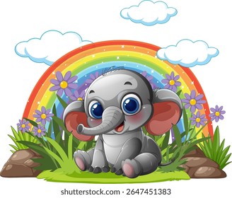 Adorable elephant sitting with flowers and rainbow