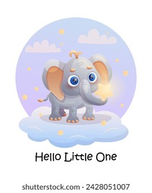 Adorable elephant with star on the cloud. Hello Little One. Vector illustration.