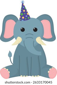 Adorable elephant wearing a colorful birthday hat.  Illustration of cute party animal	isolated on white