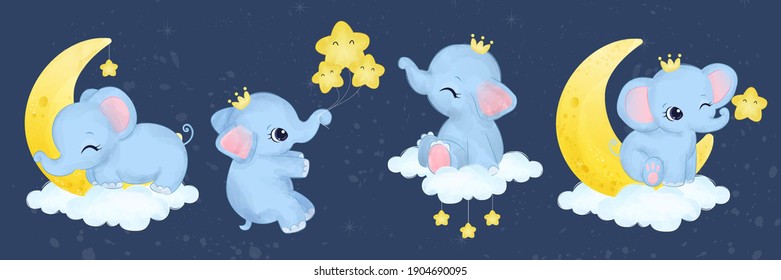 Adorable elephants illustration set in watercolor for children.