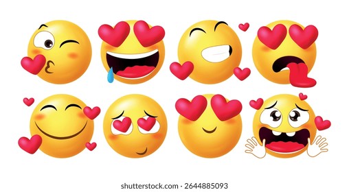 Adorable emoji collection with heart eyes, kisses, and loving expressions. Ideal for Valentine's Day, chat stickers, and social media love reactions.