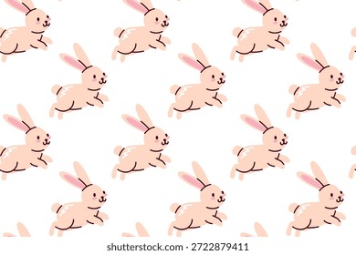 Bezaubernder, endloser Hintergrund mit flauschigen Kaninchen für Ostern und Frühling. Süße, sich wiederholende Textur für Kinderwände, Kinderbekleidung und Geschenkverpackungsdesigns für den Urlaub