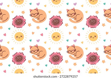 Bezaubernder, endloser Hintergrund mit schlafenden Katzen und fröhlichem Sonnenschein. Gemütliche wiederkehrende Textur für Kindergartendekoration, Babytextilien und süße Grußkartendesigns.