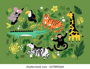 Adorable exotic animals with leaves and floral elements. Flora and fauna of tropics. Cute funny inhabitants of African jungle. Flat cartoon colorful vector illustration.