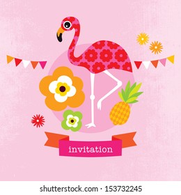 Adorable exotic flamingo flower blossom illustration little girl baby announcement card template in vector