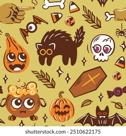 Adorable and Extremely Cute HalloweenThemed Patterns Featuring Numerous Cartoon Characters Galore. Coffin, pumpkin, cat, skull, eyes bat. Seamless pattern for wallpaper, wrapping, background.